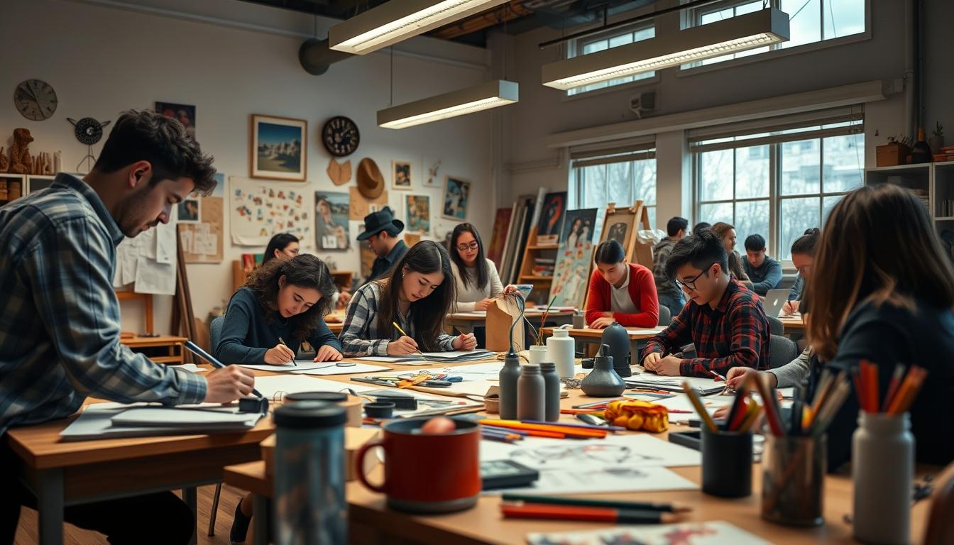 Students studying together in modern classroom